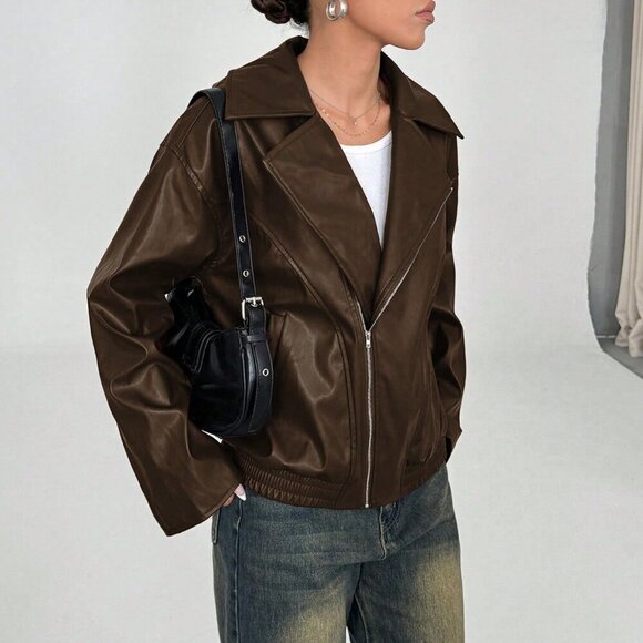 Coffee Brown Casual Women's Faux Leather Biker Jacket - Picture 5 of 6
